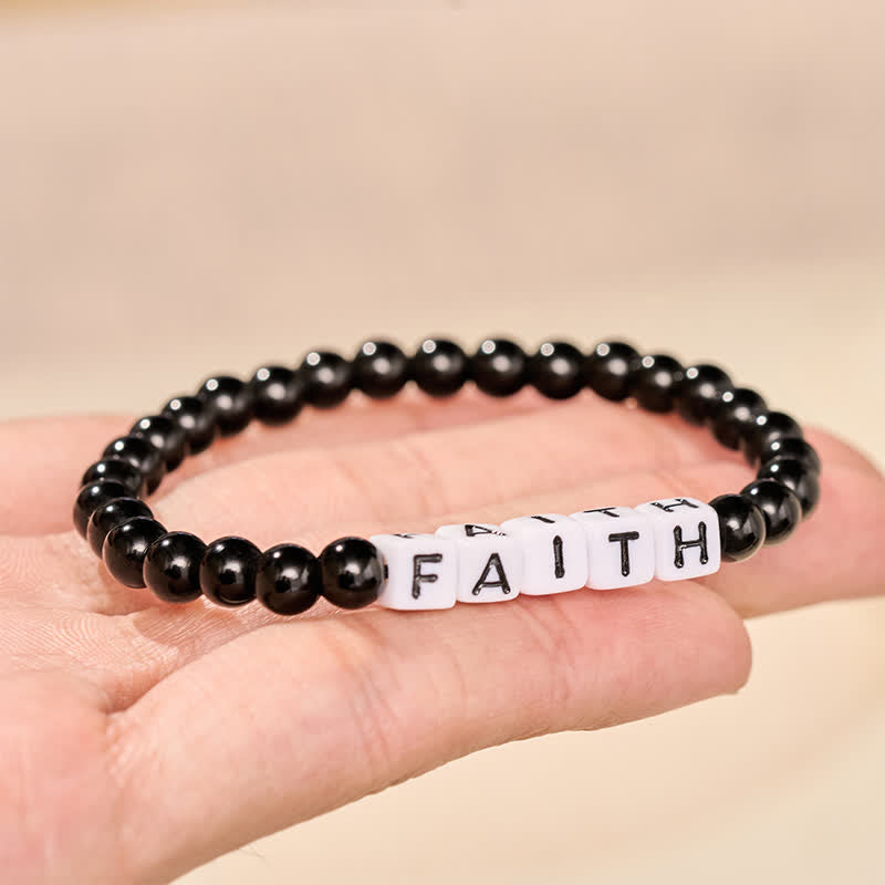 Buddha Stones Zwarte obsidiaan kralen met de letters FAITH voor zuivering - image 2