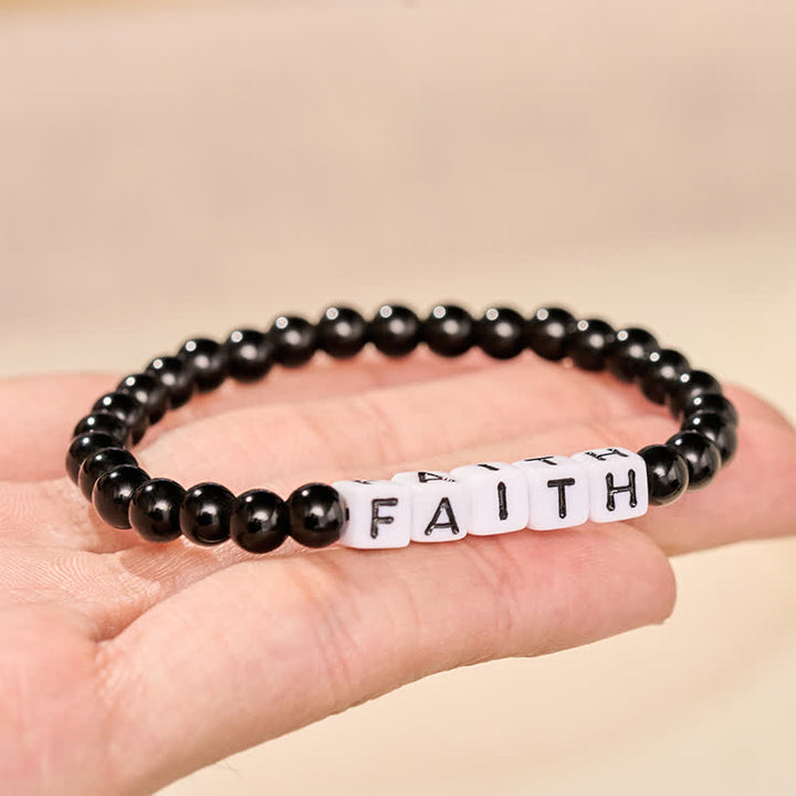 Buddha Stones Zwarte obsidiaan kralen met de letters FAITH voor zuivering - image 2