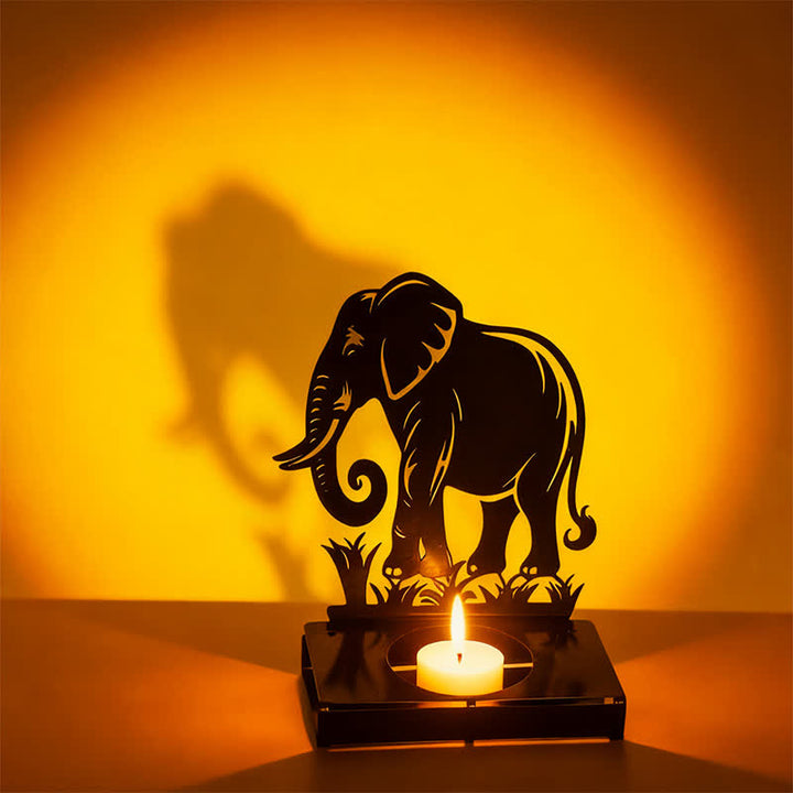 Buddha Stones Zwarte ijzeren kaarsenhouder met silhouet van een vogel en een olifant. - Olifant - image 3