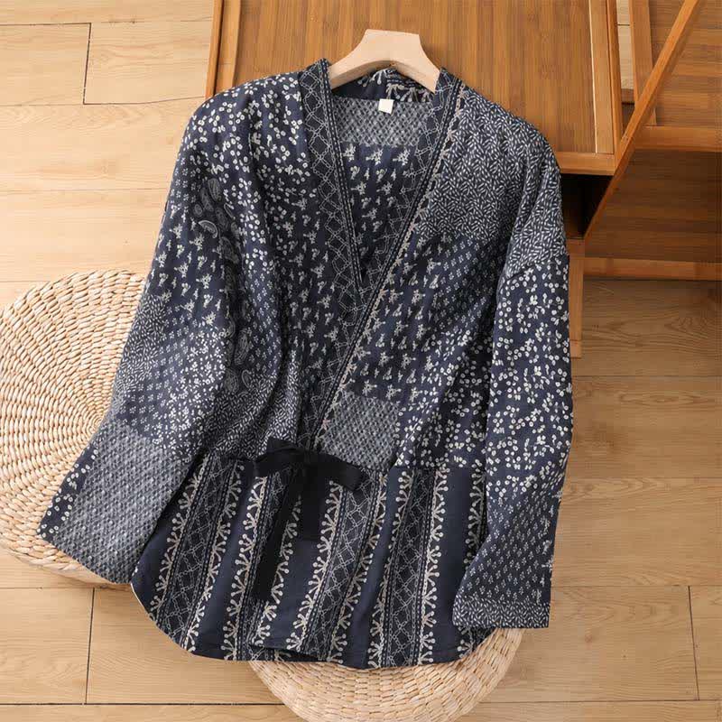 Buddha Stones Casual boho dameskimono met trekkoord, bloemenpatchwork en Zakken voor de herfst/winter - Middernachtblauw - US4-8/10, UK/AU8-12/14, EU36-40/42 (F) - image 0