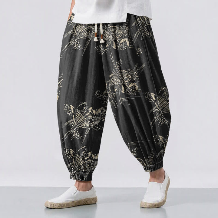 Buddha Stones Harembroek voor heren van 100% Cotton met koi-visprint, trekkoord en Zakken. - Zwart - US/UK/AU50, EU60 (5XL) - image 0