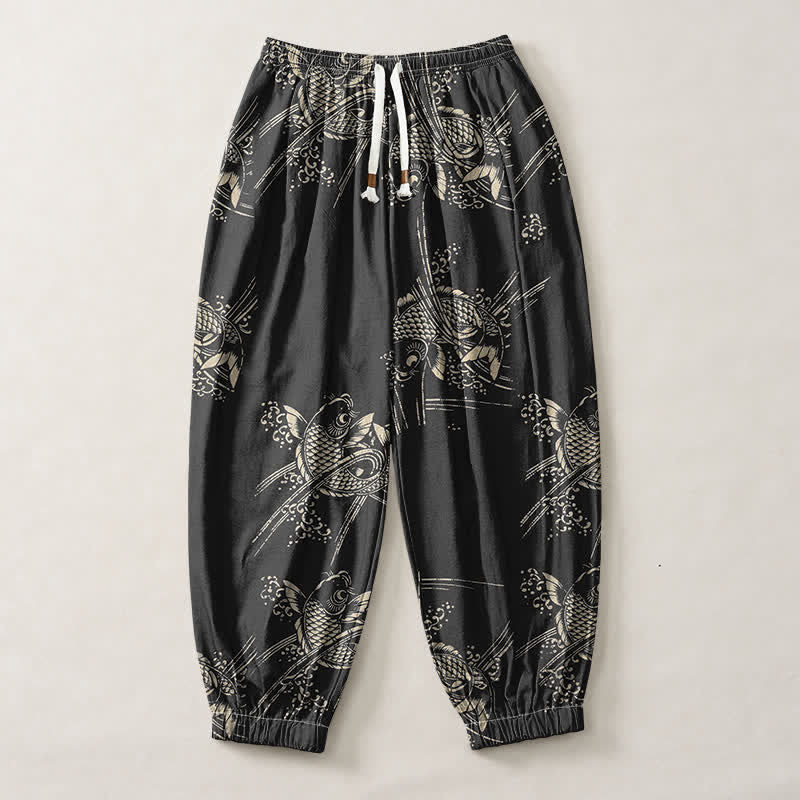 Buddha Stones Harembroek voor heren van 100% Cotton met koi-visprint, trekkoord en Zakken. - image 1