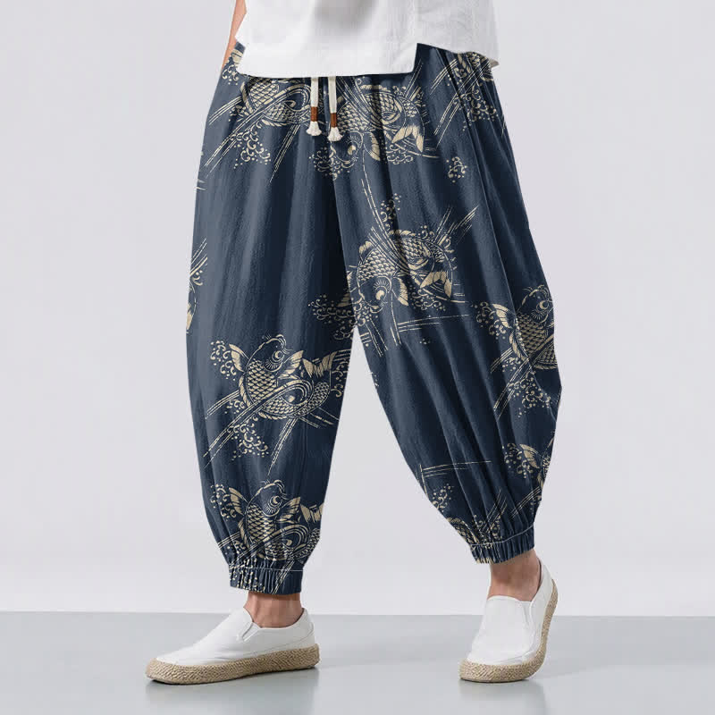 Buddha Stones Harembroek voor heren van 100% Cotton met koi-visprint, trekkoord en Zakken. - Marine - US/UK/AU50, EU60 (5XL) - image 6