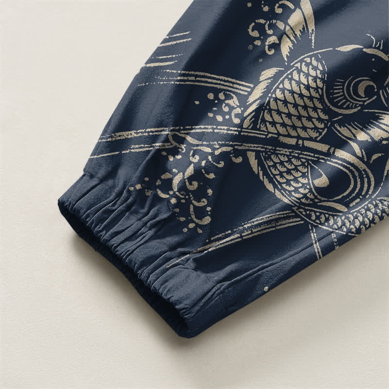 Buddha Stones Harembroek voor heren van 100% Cotton met koi-visprint, trekkoord en Zakken. - image 10