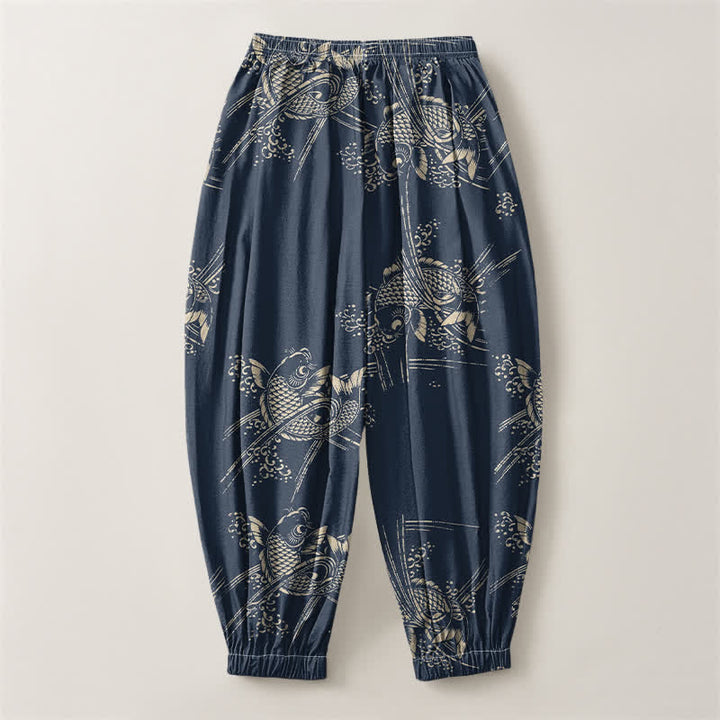 Buddha Stones Harembroek voor heren van 100% Cotton met koi-visprint, trekkoord en Zakken. - image 8
