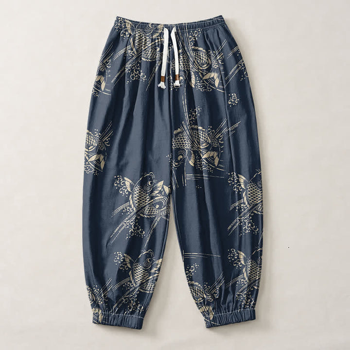 Buddha Stones Harembroek voor heren van 100% Cotton met koi-visprint, trekkoord en Zakken. - image 7