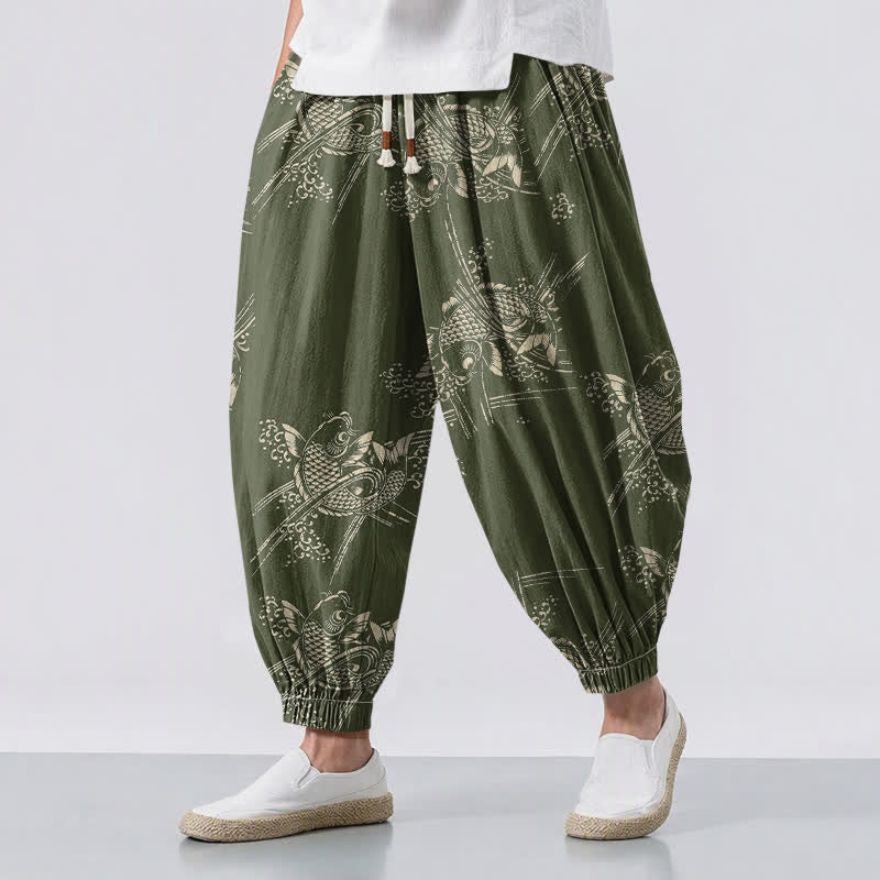 Buddha Stones Harembroek voor heren van 100% Cotton met koi-visprint, trekkoord en Zakken. - Donker olijfgroen - US/UK/AU50, EU60 (5XL) - image 12