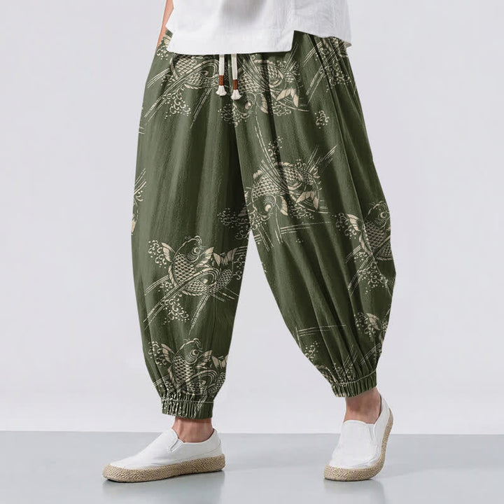 Buddha Stones Harembroek voor heren van 100% Cotton met koi-visprint, trekkoord en Zakken. - Donker olijfgroen - US/UK/AU50, EU60 (5XL) - image 12