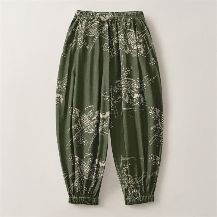 Buddha Stones Harembroek voor heren van 100% Cotton met koi-visprint, trekkoord en Zakken. - image 14