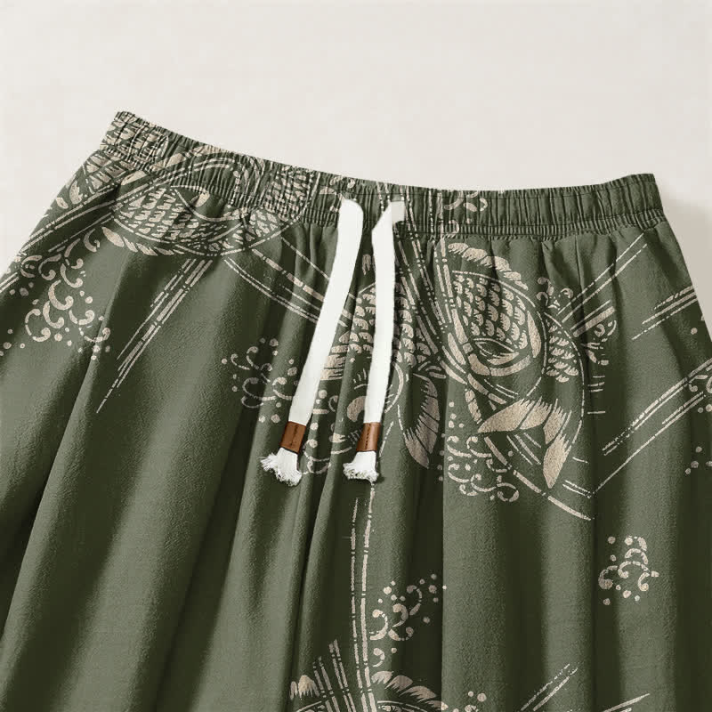Buddha Stones Harembroek voor heren van 100% Cotton met koi-visprint, trekkoord en Zakken. - image 15