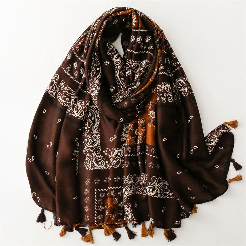 Buddha Stones Lente/Herfst Boho Paisley Patchwork Sjaal met Kwastjes voor Dames - Zadelbruin - image 14