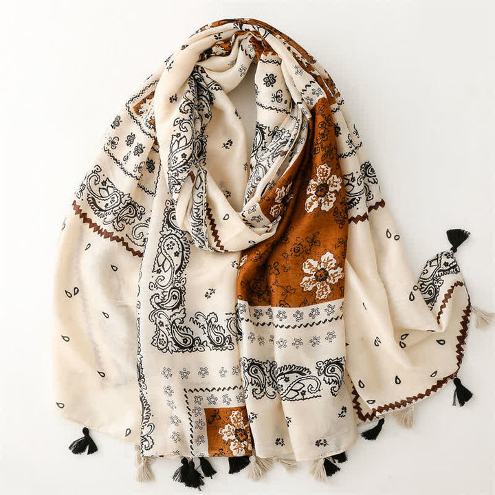 Buddha Stones Lente/Herfst Boho Paisley Patchwork Sjaal met Kwastjes voor Dames - Antiek wit - image 0