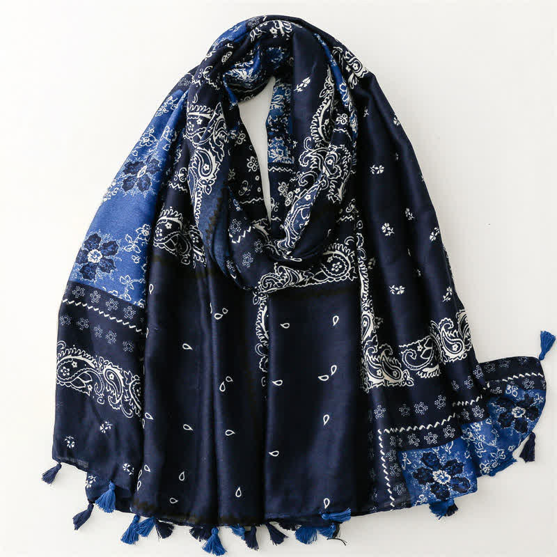 Buddha Stones Lente/Herfst Boho Paisley Patchwork Sjaal met Kwastjes voor Dames - Middernachtblauw - image 11