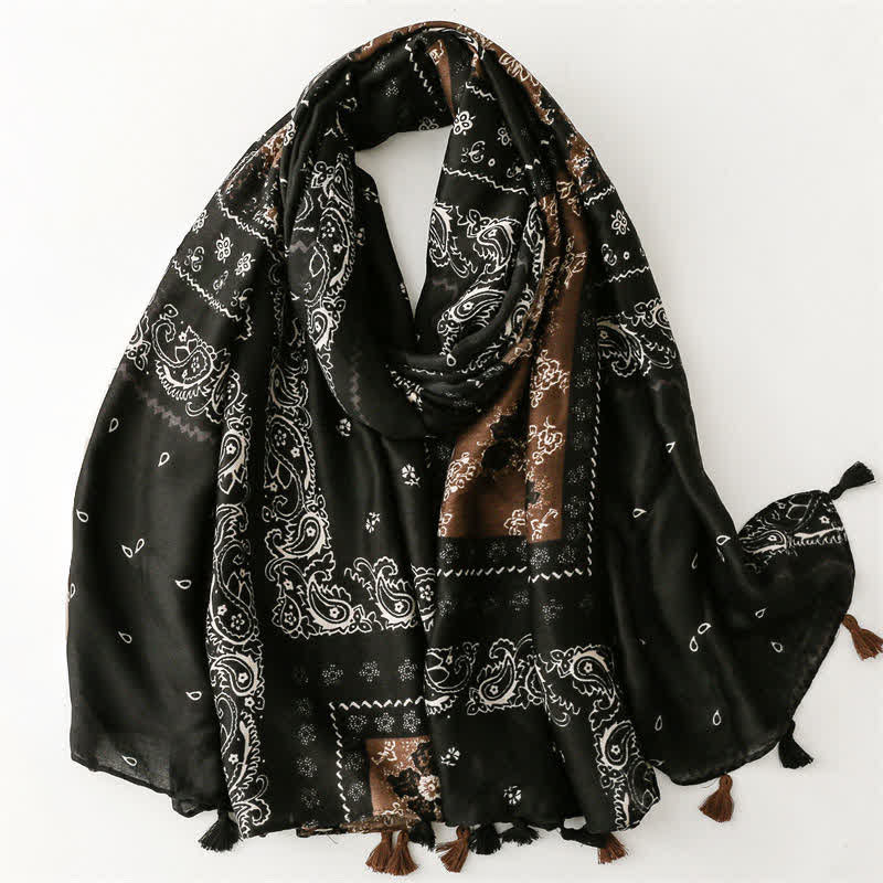 Buddha Stones Lente/Herfst Boho Paisley Patchwork Sjaal met Kwastjes voor Dames - Zwart - image 8