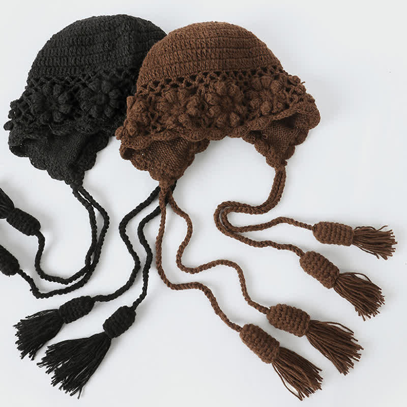 Buddha Stones Gebreide damesmuts met bloemenprint en kwastjes voor de herfst/winter. - image 13