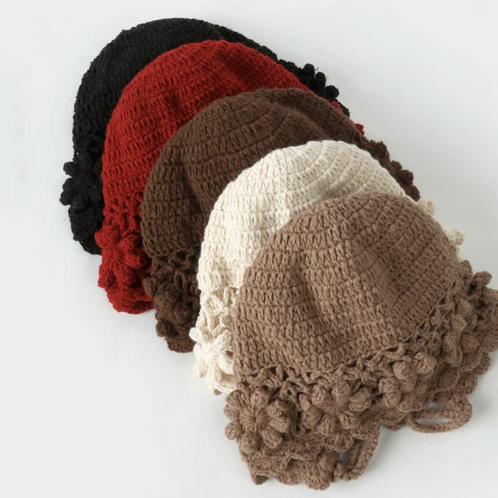 Buddha Stones Gebreide damesmuts met bloemenprint en kwastjes voor de herfst/winter. - image 11