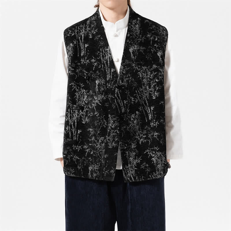 Buddha Stones Herfst Tang Stijl Vintage Button-Up Bamboe Abstract Tanktop Herenvest - image 1