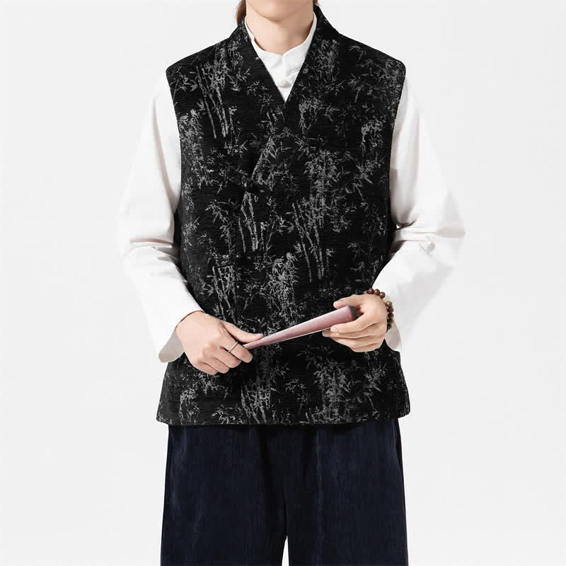 Buddha Stones Herfst Tang Stijl Vintage Button-Up Bamboe Abstract Tanktop Herenvest - Zwart - US/UK/AU46, EU56 (5XL) - image 0