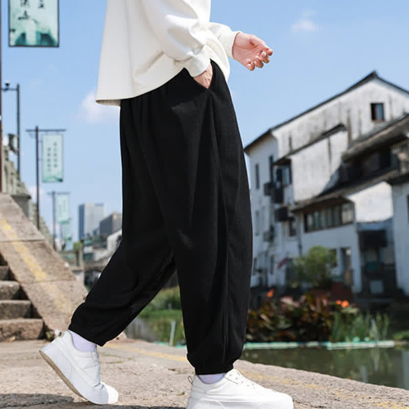 Buddha Stones Winter Basic Classic Broek met Trekkoord, Effen Cropped Corduroy Heren Harembroek met Zakken - image 9