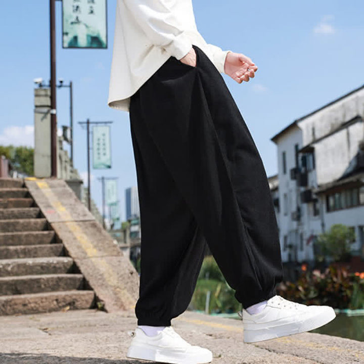 Buddha Stones Winter Basic Classic Broek met Trekkoord, Effen Cropped Corduroy Heren Harembroek met Zakken - image 15