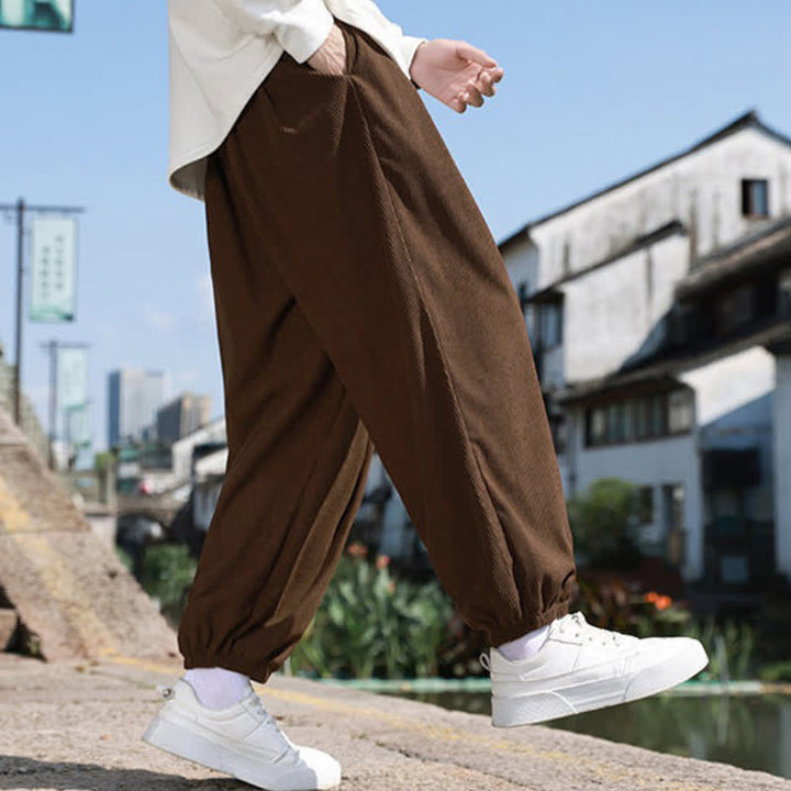 Buddha Stones Winter Basic Classic Broek met Trekkoord, Effen Cropped Corduroy Heren Harembroek met Zakken - image 6