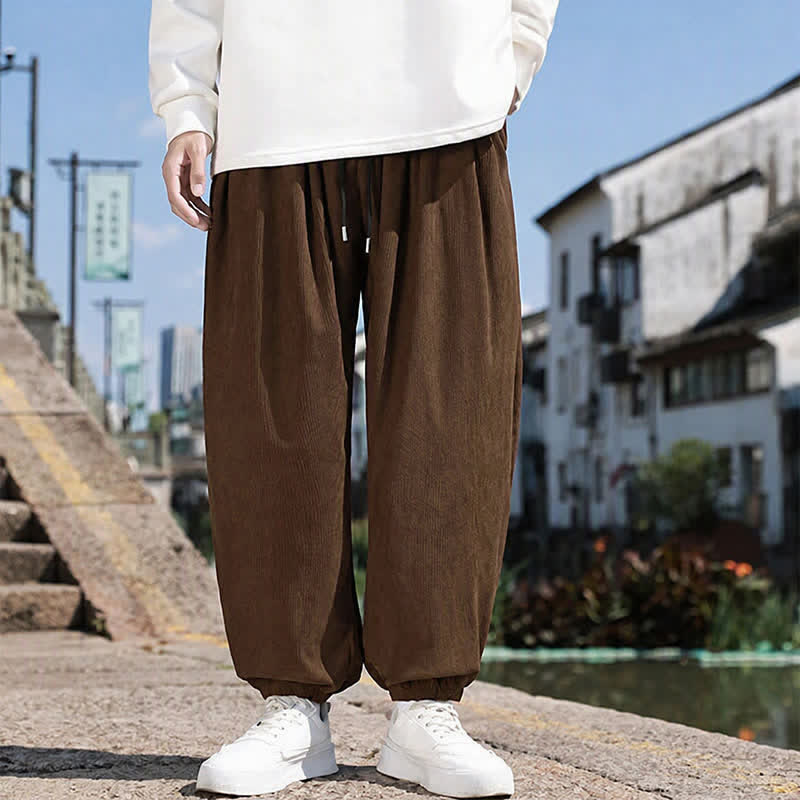 Buddha Stones Winter Basic Classic Broek met Trekkoord, Effen Cropped Corduroy Heren Harembroek met Zakken - image 3
