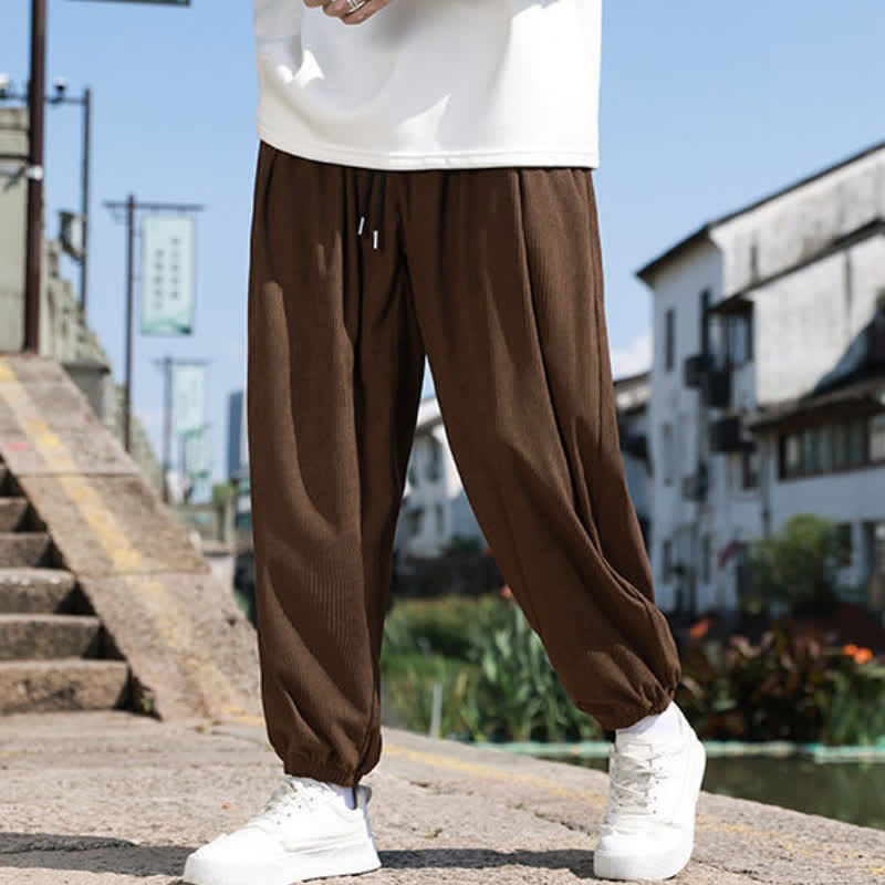 Buddha Stones Winter Basic Classic Broek met Trekkoord, Effen Cropped Corduroy Heren Harembroek met Zakken - image 1