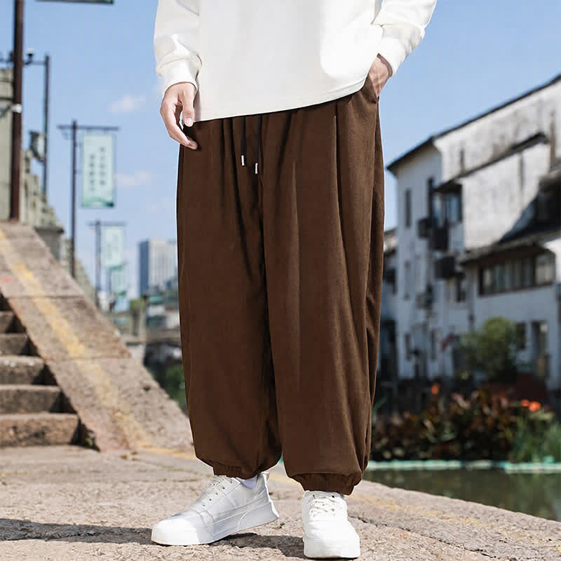 Buddha Stones Winter Basic Classic Broek met Trekkoord, Effen Cropped Corduroy Heren Harembroek met Zakken - image 2