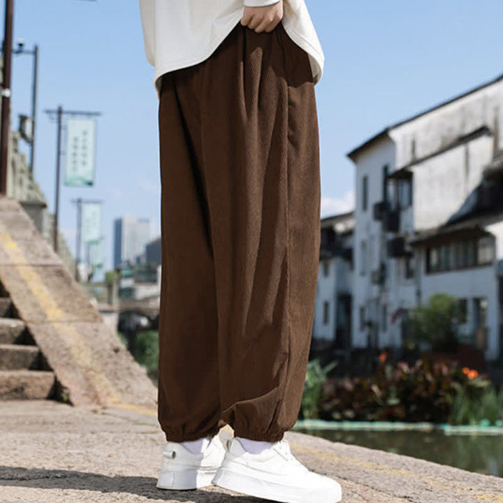 Buddha Stones Winter Basic Classic Broek met Trekkoord, Effen Cropped Corduroy Heren Harembroek met Zakken - image 4