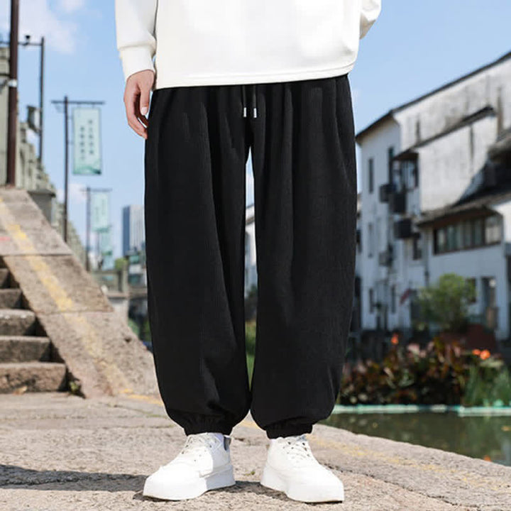 Buddha Stones Winter Basic Classic Broek met Trekkoord, Effen Cropped Corduroy Heren Harembroek met Zakken - Zwart - US/UK/AU46, EU56 (5XL) - image 8