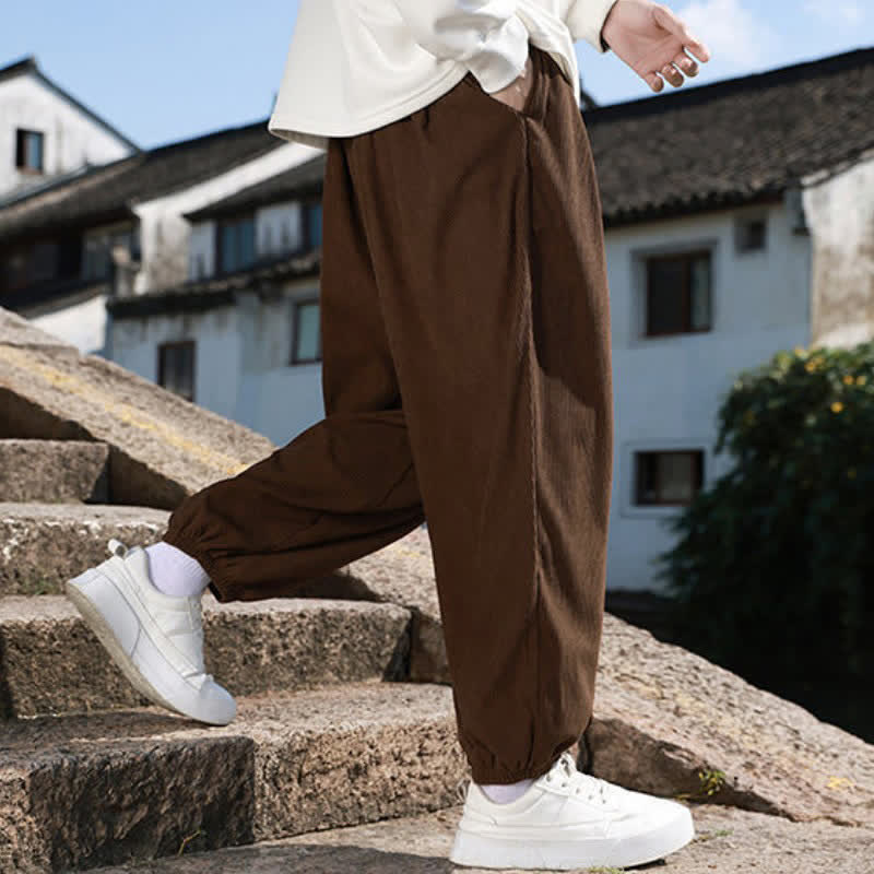 Buddha Stones Winter Basic Classic Broek met Trekkoord, Effen Cropped Corduroy Heren Harembroek met Zakken - image 5
