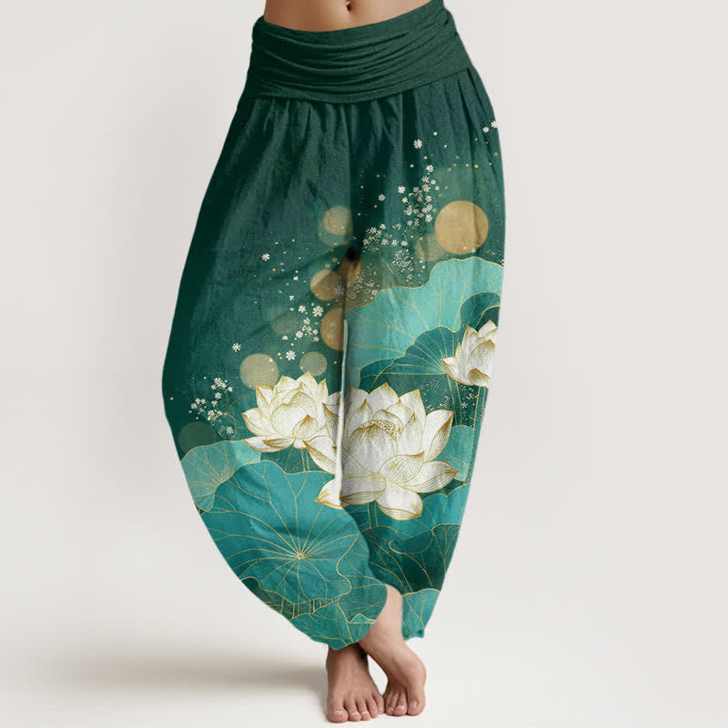 Buddha Stones Dames harembroek met elastische Taille en oosters lotusbladpatroon van katoen - Donkergroen - US16, UK/AU20, EU48 (3XL) - image 0