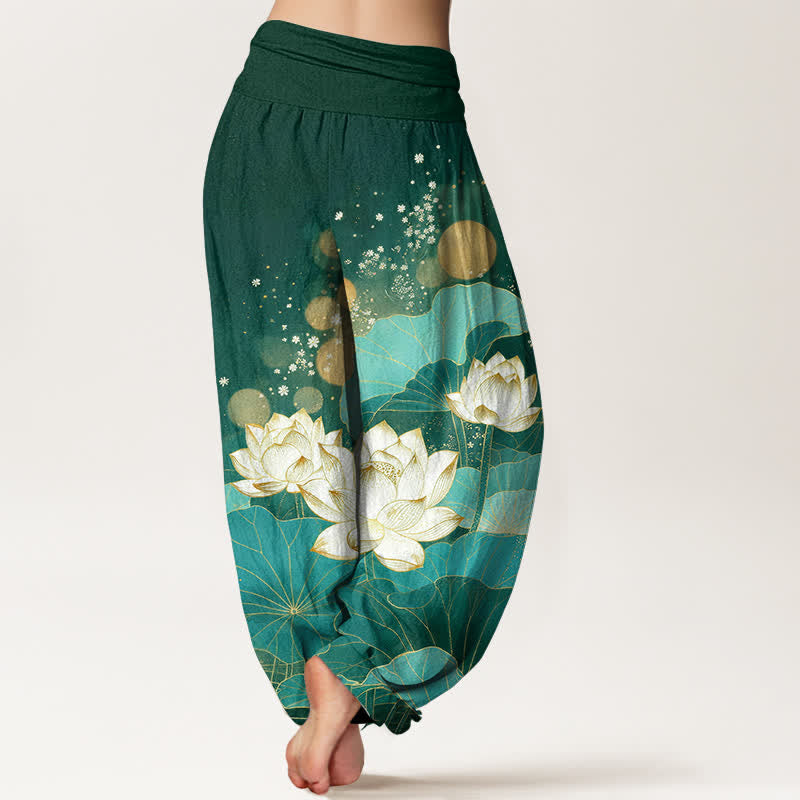 Buddha Stones Dames harembroek met elastische Taille en oosters lotusbladpatroon van katoen - image 1