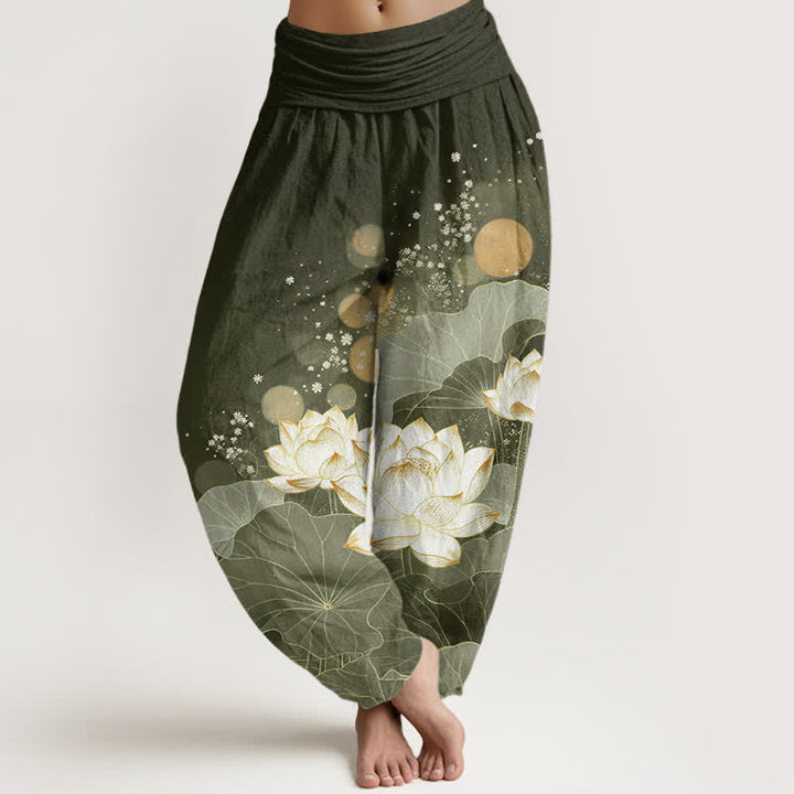 Buddha Stones Dames harembroek met elastische Taille en oosters lotusbladpatroon van katoen - Donker olijfgroen - US16, UK/AU20, EU48 (3XL) - image 5