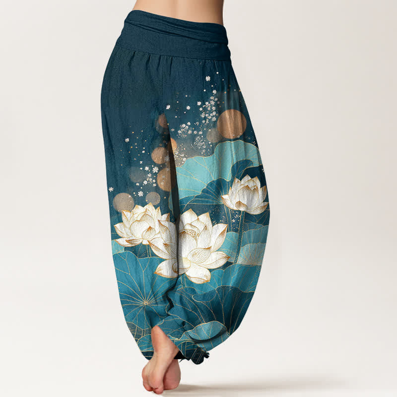 Buddha Stones Dames harembroek met elastische Taille en oosters lotusbladpatroon van katoen - image 9