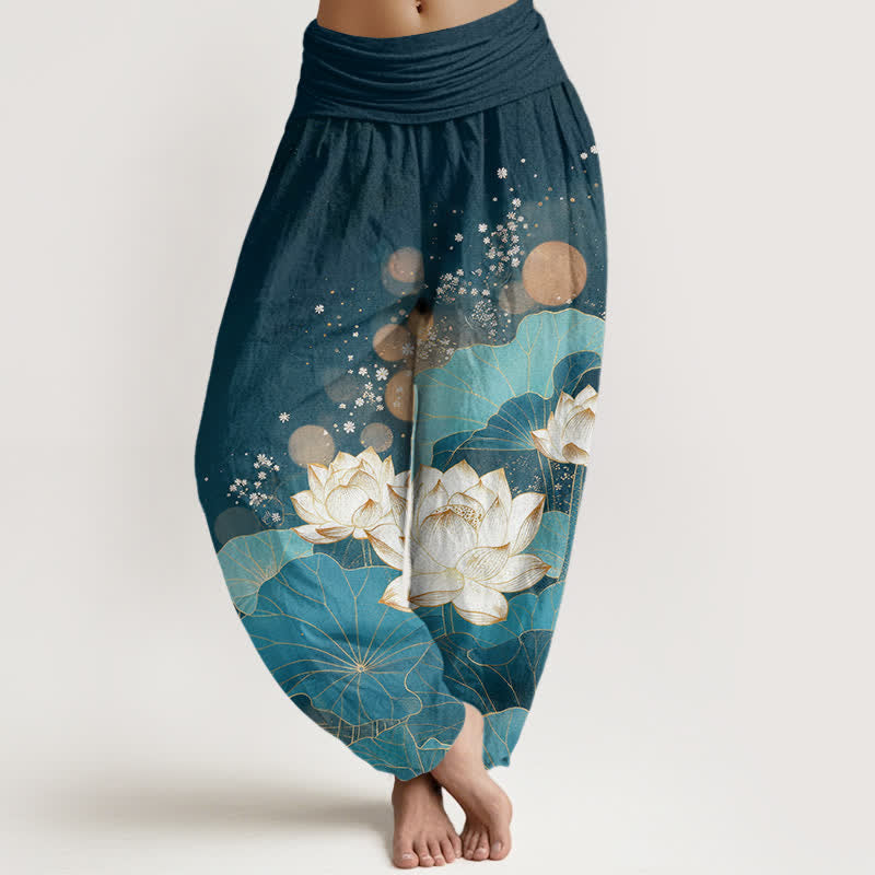 Buddha Stones Dames harembroek met elastische Taille en oosters lotusbladpatroon van katoen - Turkoois - US16, UK/AU20, EU48 (3XL) - image 8