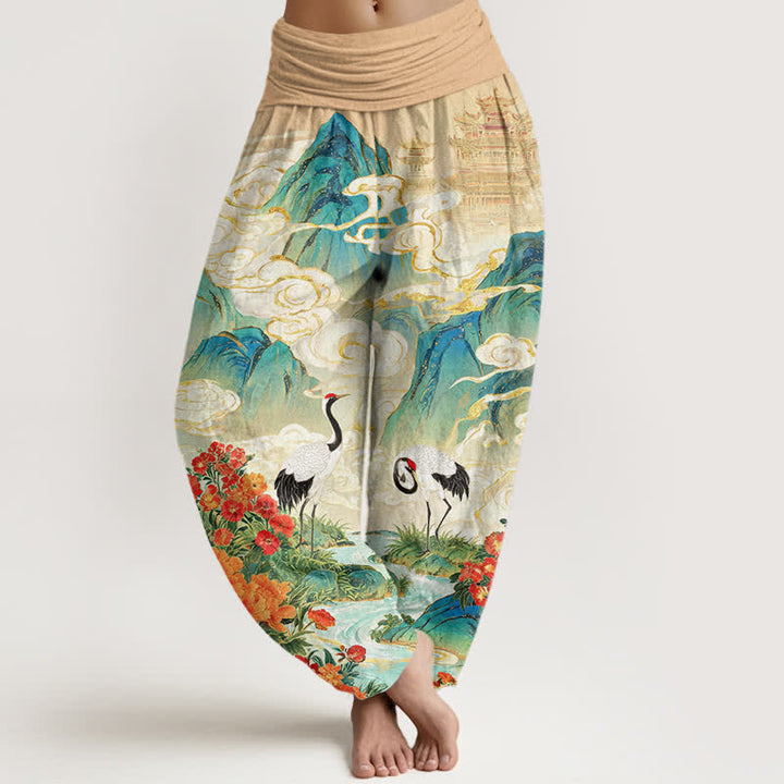 Buddha Stones Dames harembroek met elastische Taille en kraanvogel- en beekbloemenpatroon - Tarwe - US16, UK/AU20, EU48 (3XL) - image 0