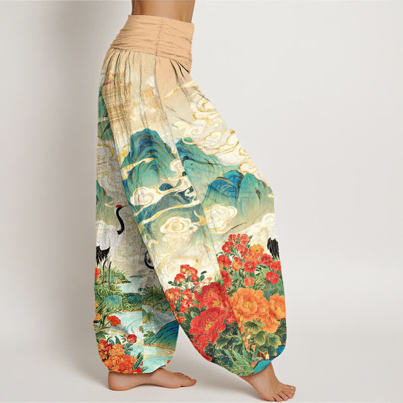 Buddha Stones Dames harembroek met elastische Taille en kraanvogel- en beekbloemenpatroon - image 2