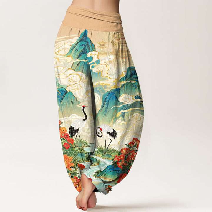 Buddha Stones Dames harembroek met elastische Taille en kraanvogel- en beekbloemenpatroon - image 1