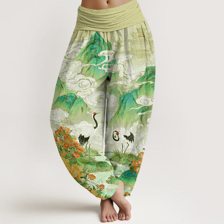 Buddha Stones Dames harembroek met elastische Taille en kraanvogel- en beekbloemenpatroon - Lichtgoudenroede - US16, UK/AU20, EU48 (3XL) - image 5