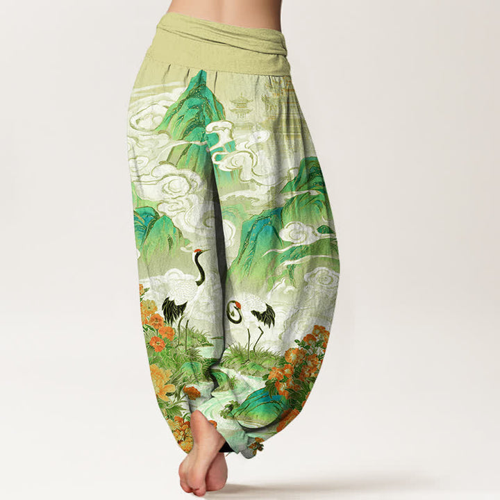 Buddha Stones Dames harembroek met elastische Taille en kraanvogel- en beekbloemenpatroon - image 6