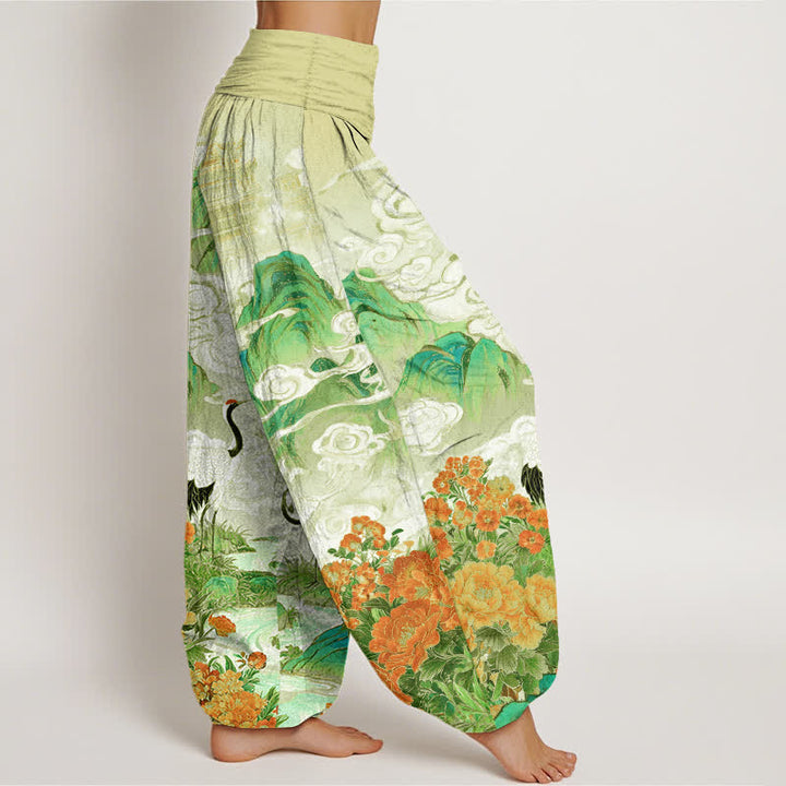 Buddha Stones Dames harembroek met elastische Taille en kraanvogel- en beekbloemenpatroon - image 7