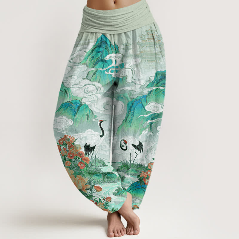 Buddha Stones Dames harembroek met elastische Taille en kraanvogel- en beekbloemenpatroon - Donkerzeegroen - US16, UK/AU20, EU48 (3XL) - image 8