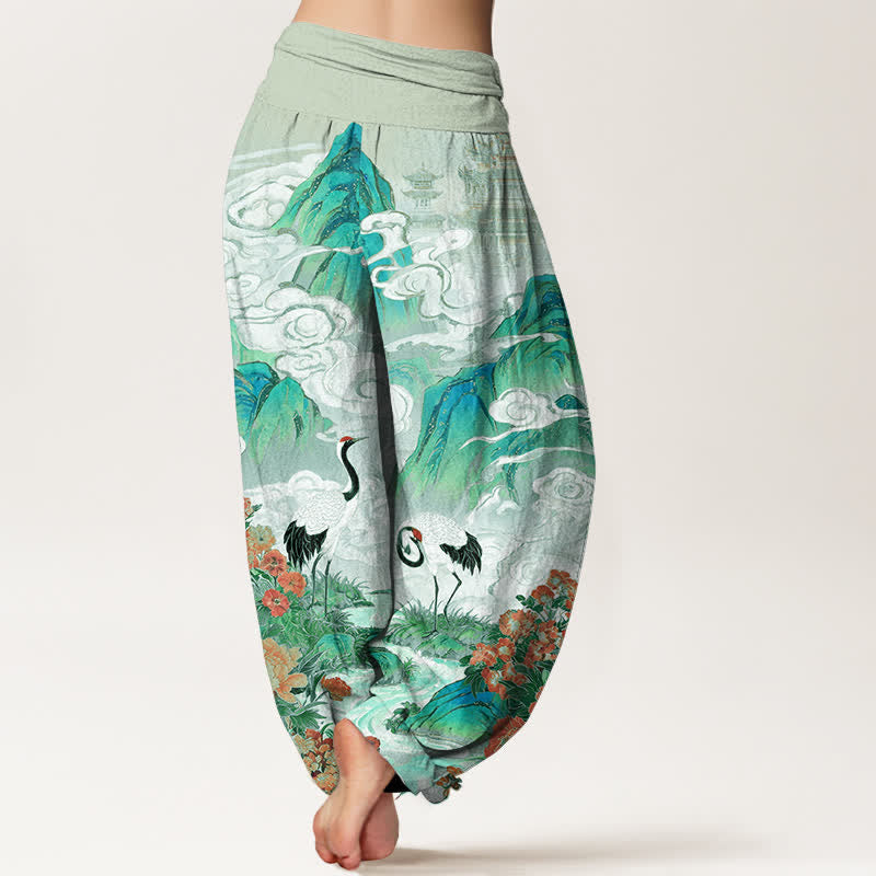 Buddha Stones Dames harembroek met elastische Taille en kraanvogel- en beekbloemenpatroon - image 9