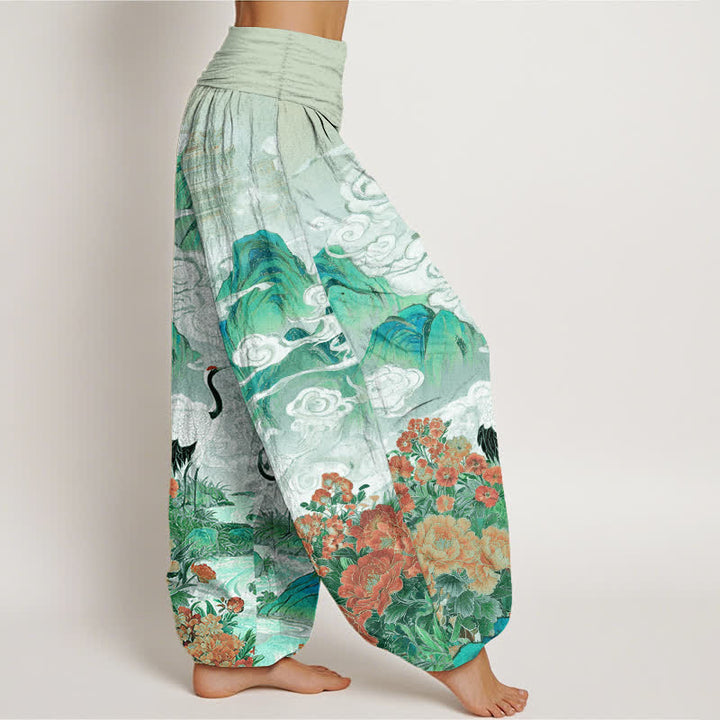 Buddha Stones Dames harembroek met elastische Taille en kraanvogel- en beekbloemenpatroon - image 10