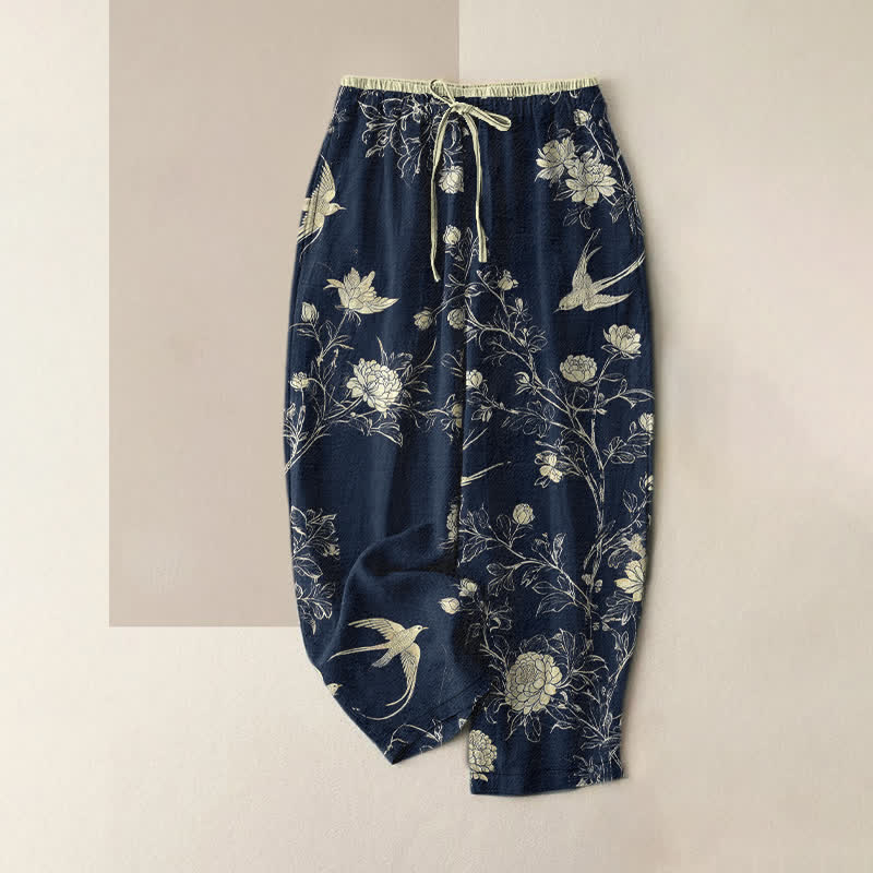 Buddha Stones Damesbroek van 100% Cotton met botanisch bloemen- en vogelpatroon, elastische Taille en Zakken. - Middernachtblauw - US16, UK/AU20, EU48 (3XL) - image 0