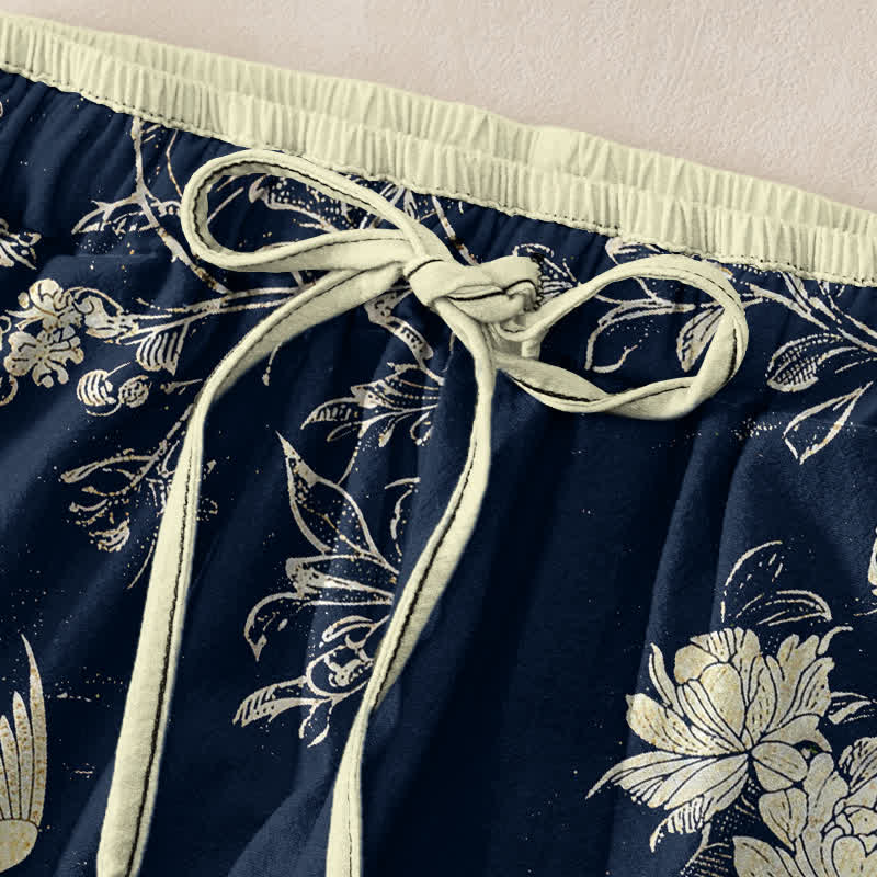 Buddha Stones Damesbroek van 100% Cotton met botanisch bloemen- en vogelpatroon, elastische Taille en Zakken. - image 1