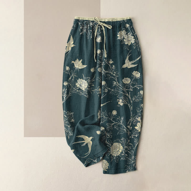 Buddha Stones Damesbroek van 100% Cotton met botanisch bloemen- en vogelpatroon, elastische Taille en Zakken. - Donkerblauw - US16, UK/AU20, EU48 (3XL) - image 4