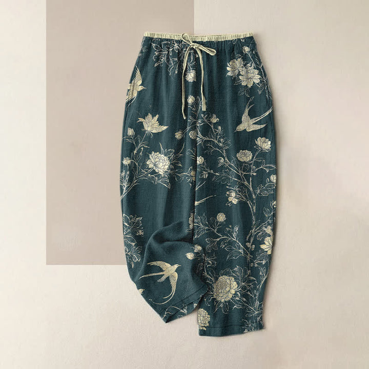 Buddha Stones Damesbroek van 100% Cotton met botanisch bloemen- en vogelpatroon, elastische Taille en Zakken. - Donkerblauw - US16, UK/AU20, EU48 (3XL) - image 4