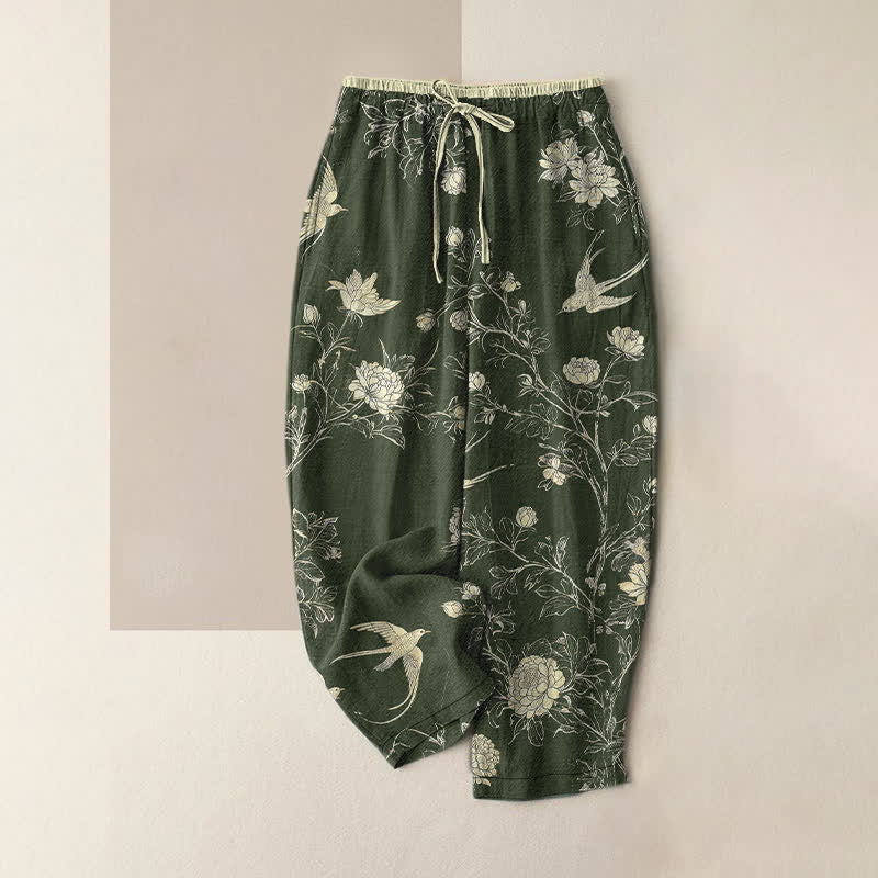 Buddha Stones Damesbroek van 100% Cotton met botanisch bloemen- en vogelpatroon, elastische Taille en Zakken. - Donker olijfgroen - US16, UK/AU20, EU48 (3XL) - image 5
